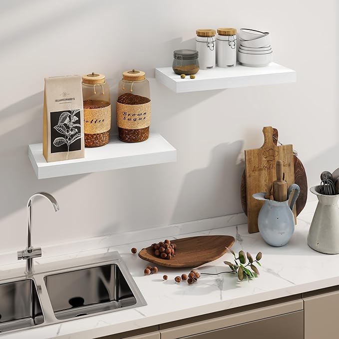 Fun Memories White Floating Shelves, 8 Inch Deep Wall Shelves Set of 2, Rustic Deep Shelves for Wall Storage, 24 x 8 Floating Shelves, 8