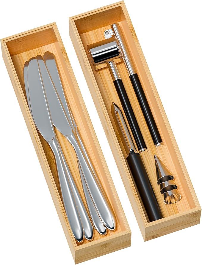 Kitchen Drawer Organizer Bins, Stackable Bamboo Deep Drawer Organizer for Silverware, Utensils, Cutlery, Flatware, Junk Drawer, Dresser, Bathroom, 12