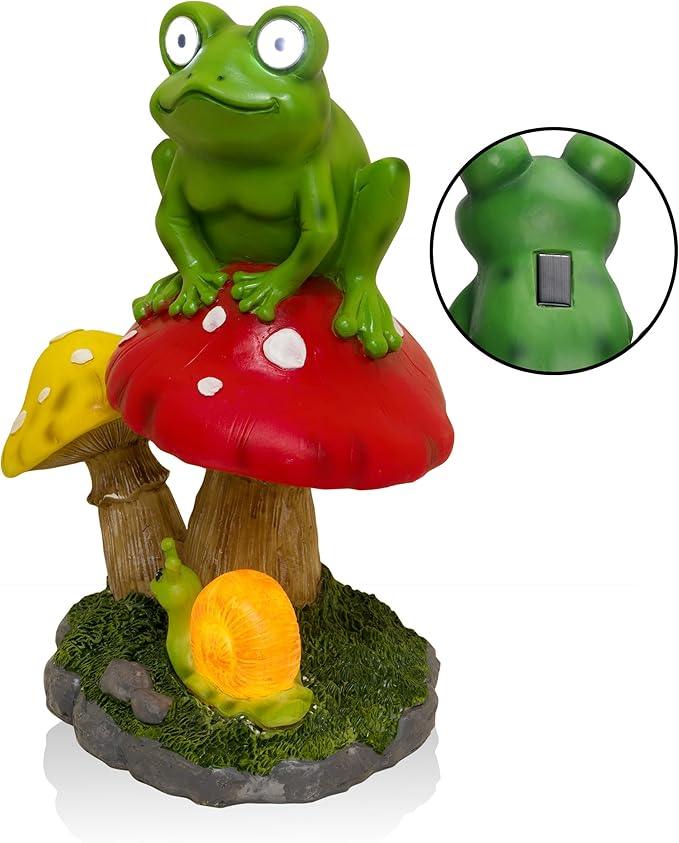 Alpine Corporation ZEN390SLR-S Frog on Mushroom Statue with LED Lights, Solar-Powered LED Frog Garden Statue, 12