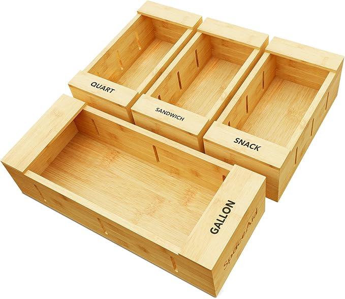 SpaceAid Bag Storage Organizer for Kitchen Drawer, Bamboo Organizer, Compatible with Gallon, Quart, Sandwich and Snack Variety Size Bag (4 Pack), 2.5