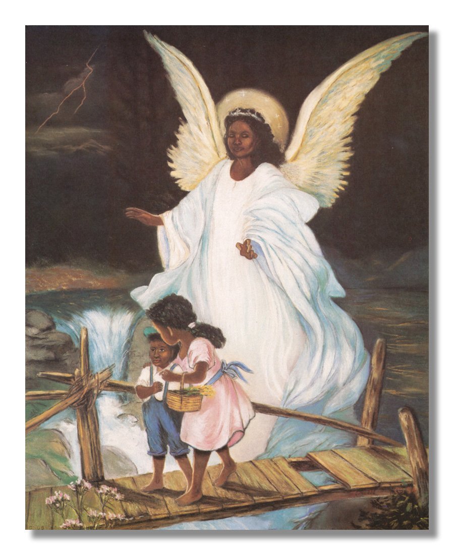 African American Wall Art - Guardian Angel With Children On Bridge 16x20 Print