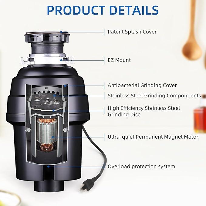 Powerful 1HP Stainless Steel Garbage Disposer, Dishwasher-Friendly and Continuous Feeding Waste Disposer, Grinding Material Four-Stage Grinding, Black