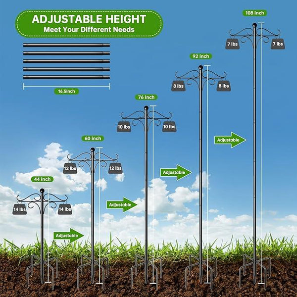 Shepherds Hooks for Outdoor, 2 Pack 108 Inch Heavy Duty Bird Feeder Pole with 5 Prongs Base, Adjustable Shepherds Hook for Hanging Birdhouses, Lanterns, Plant Baskets, Wind Chimes