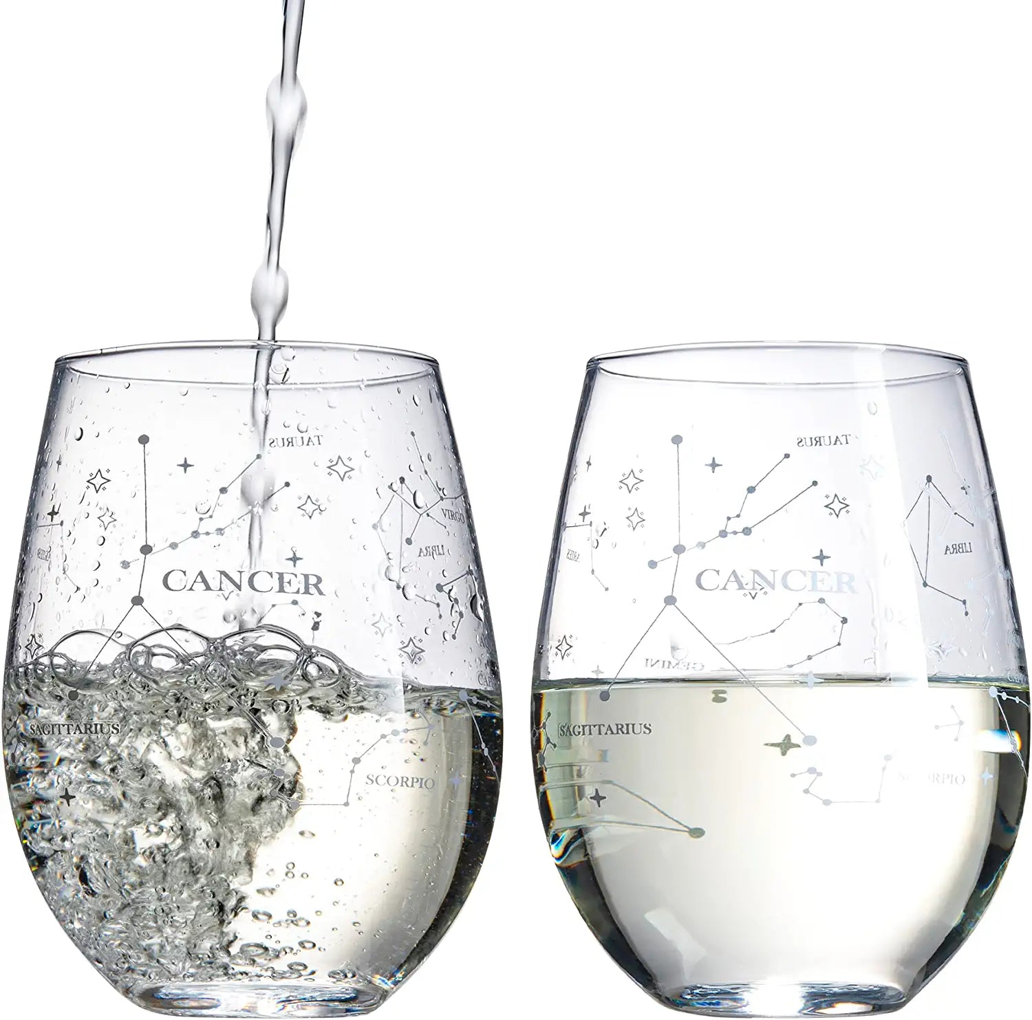 Set of 2 Zodiac Sign Wine Glasses with 2 Wooden Coasters by The Wine Savant - Astrology Drinking Glass Set with Etched Constellation Tumblers for Juice, Water Home Bar Horoscope Gifts 18oz (Cancer)