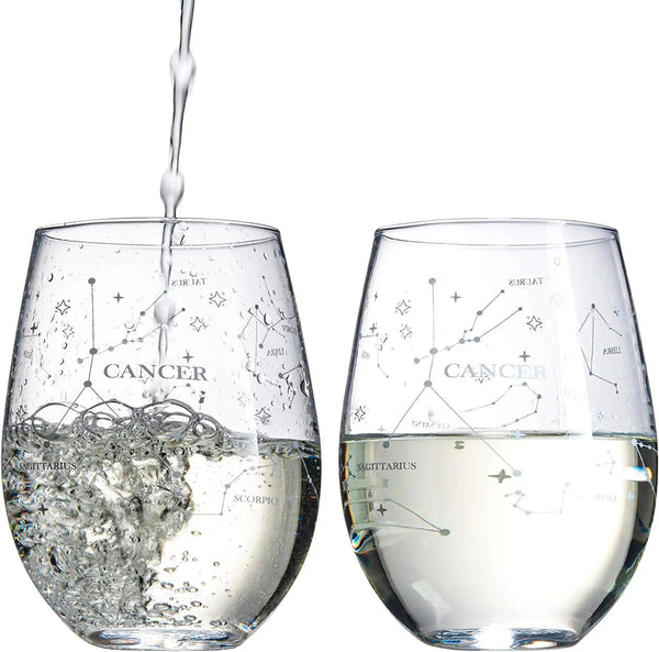Set of 2 Zodiac Sign Wine Glasses with 2 Wooden Coasters by The Wine Savant - Astrology Drinking Glass Set with Etched Constellation Tumblers for Juice, Water Home Bar Horoscope Gifts 18oz (Cancer)