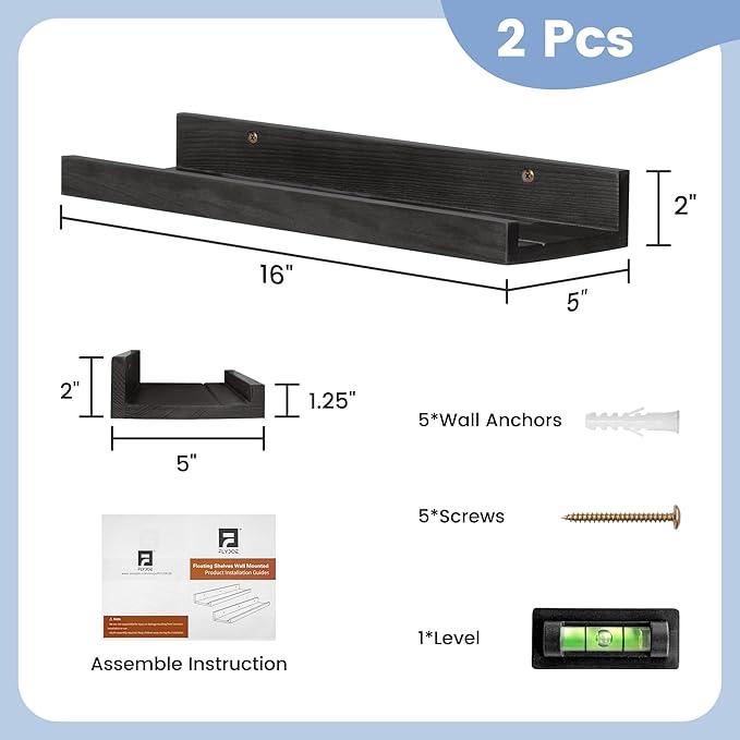 Picture Ledge Shelf for Wall, 16 inch Solid Pine Wood Nursery Book Shelves 2 Packs, Floating Ledge Shelves for Kids' Room Bedroom Bathroom Living Room Photo Frames Office Nursey Wall Decor, Black