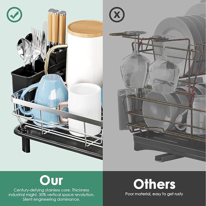 MOUKABAL Dish Drying Rack - Stainless Steel Dish Rack, Dish Racks for Kitchen Counter, Drying Rack Kitchen with Removable Utensil Holder, Drainboard and Glass Organizer (Black)