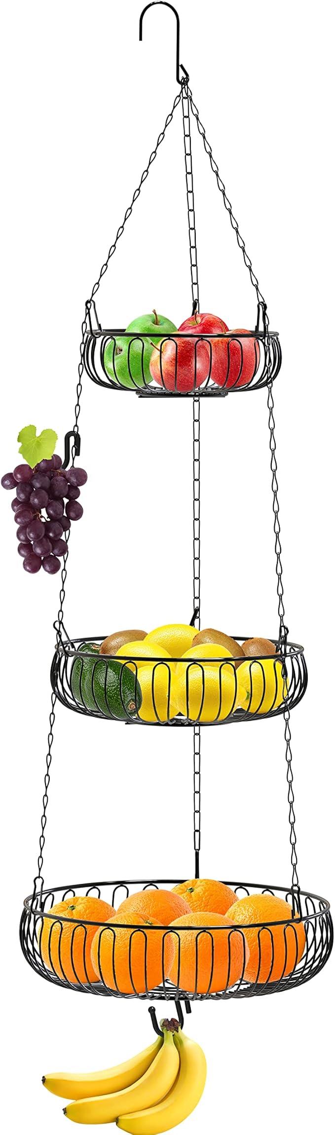 Simple Houseware Adjustable Metal Hanging Fruit Basket, Oblate, Black, 11