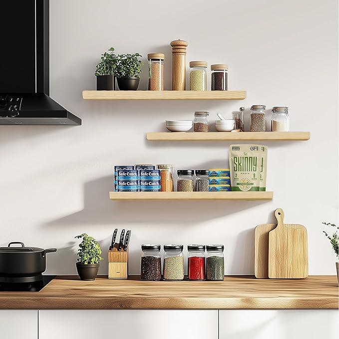 Floating Wall Shelves 3-Pack - 24-Inch Rustic Wooden Shelves for Storage and Décor, Easy Installation for Living Room, Bedroom, and Kitchen