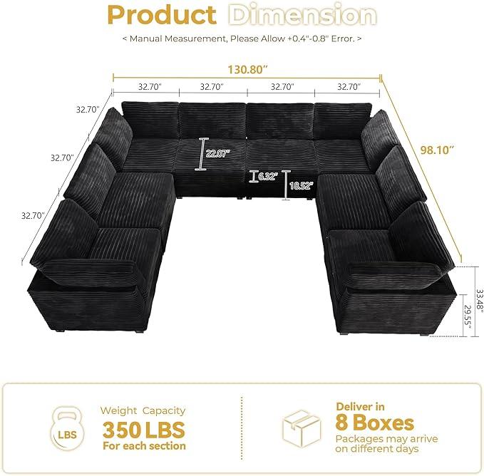 HOOOWOOO Modular Sectional Sofa,8 Pieces Sectional Couches for Living Room,131X98 L Shaped Cloud Couch with Ottoman Chaise Set(Black Velvet Corduroy)