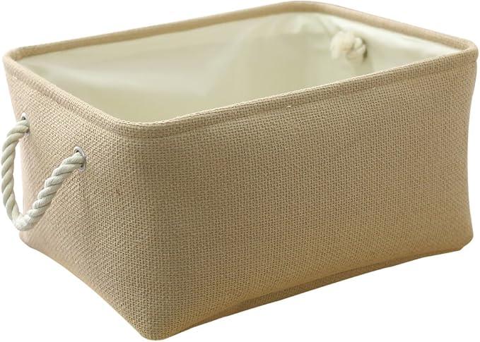 TheWarmHome Decorative Basket Rectangular Small Storage Basket Fabric Storage Bin Organizer Basket with Handles for Clothes Storage (Beige, 11.8L×7.9W×5.2H inch)
