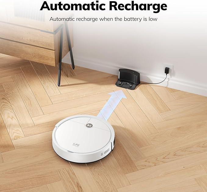 ILIFE V2 Robot Vacuum Cleaner, Tangle-Free Suction, 120 Mins Runtime, Slim, Self-Charging Robotic Vacuum Cleaner, Ideal for Pet Hair and Hard Floors