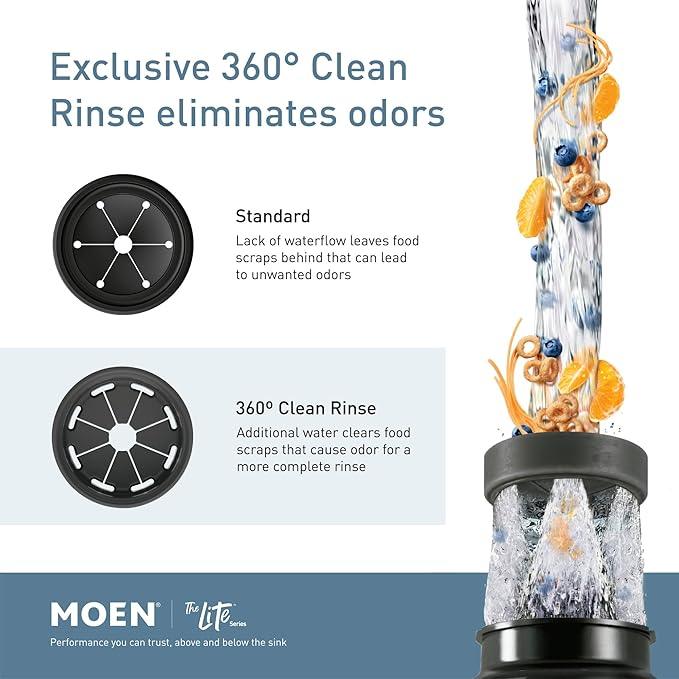 Moen GT33C Lite Series 1/3 Horsepower Continous Feed Garbage Disposal featuring Fast Track Technology, Power Cord Included