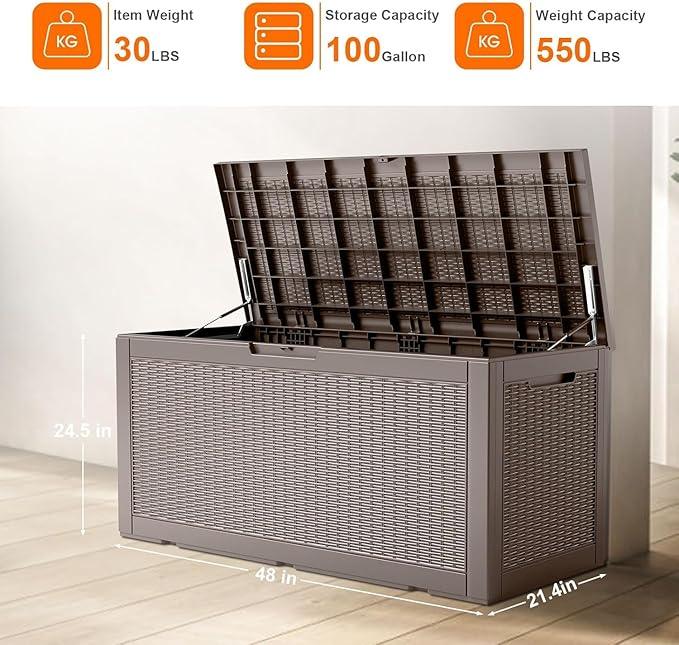 100 Gallon Deck Box Large Outdoor Storage for Patio Furniture,Outdoor Cushions,Garden Tools and Pool Supplies,Waterproof,Resin,Lockable(Grey)