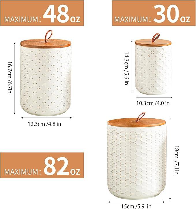 JOJUNO White Ceramic Canister Set with Wooden Lids – 3-Piece Airtight Food Storage Jars for Kitchen, Embossed Design, Small/Medium/Large Sizes (30/48/82 oz) – Flour, Sugar, Coffee, Tea Containers