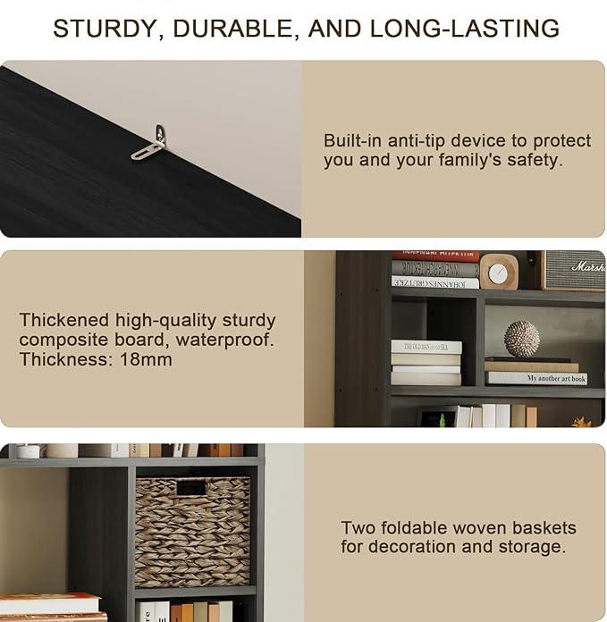 71” Tall Open Black Bookcase with Baskets, Free-Standing 6-Tier Wooden Display Storage Bookshelves with 16 Irregular Cubes for Living Room, Home Decor