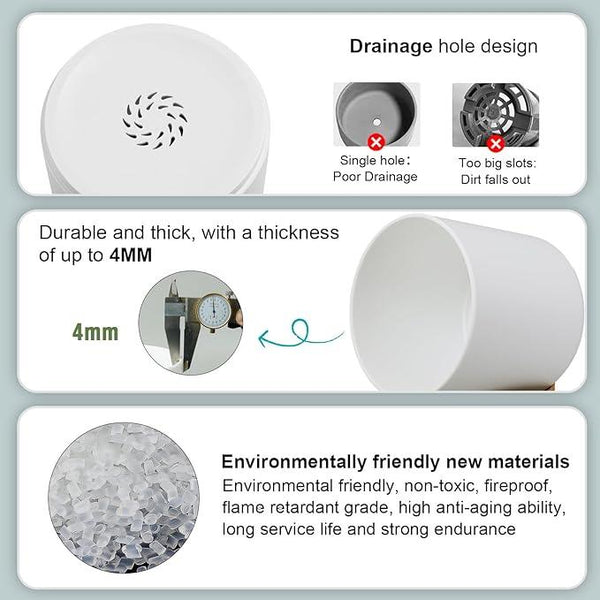 3 Pack 6/5/4 inch Cylindrical Flower Pots, Modern Small Round Plastic Plant Pots with Drainage Holes & Saucers, Clean and Refined Planter Pots for Outdoor, Indoor & Office Decor (White Brown)