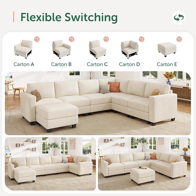 HONBAY Corduroy Sectional Sofa with Storage, U Shape Modular Sectional Sofa with Chaise, Modular Couches for Living Room, Beige