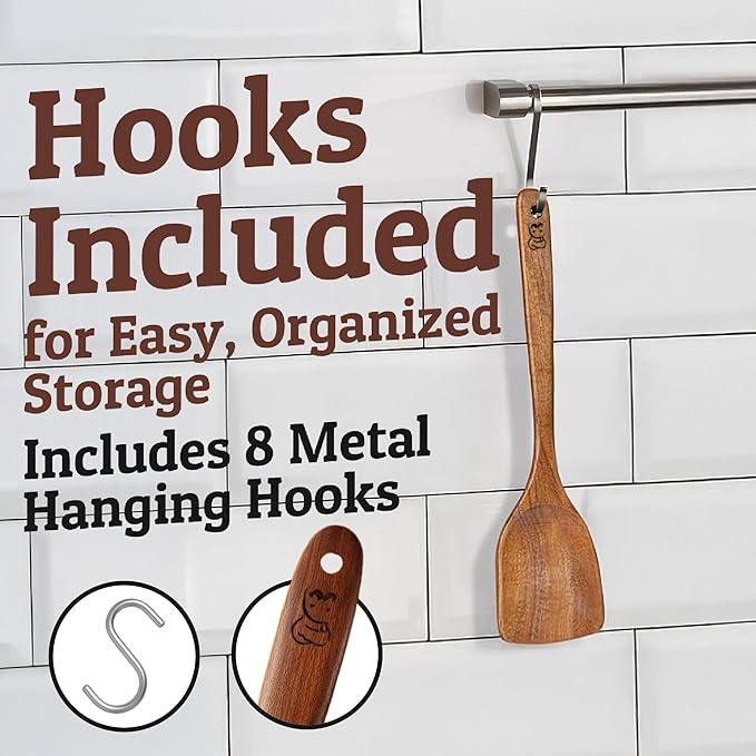PriorityChef Premium Wooden Spoons for Cooking - 8pc with Utensil Holder, Spoon Rest and Hanging Hooks, Smooth Finish Teak Wooden Utensil Set, Heat-Resistant & Nonstick Safe, Ideal for Gifting