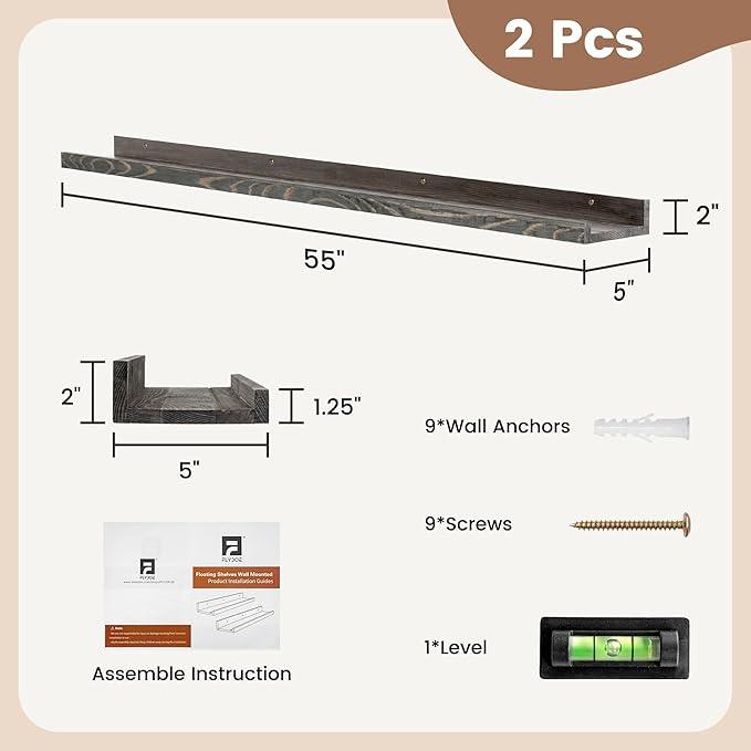 Picture Ledge Shelf, Floating Shelves Set of 2, Solid Pine Wood 55'' Long Large Nursery Book Shelves for Toys Storage, Kids Bookshelf for Living Room Bedroom Decor Books Photo Frames, Grey