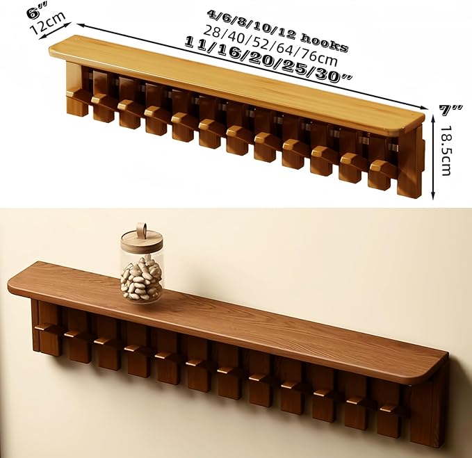 Wall Mounted Piano Key Hanger | Flip Style Hook | Entrance Wall Art Hook, Made of Oak Wood (3 Times Painted, 4 Times Polished) (Tray Walnut, 12Hooks)