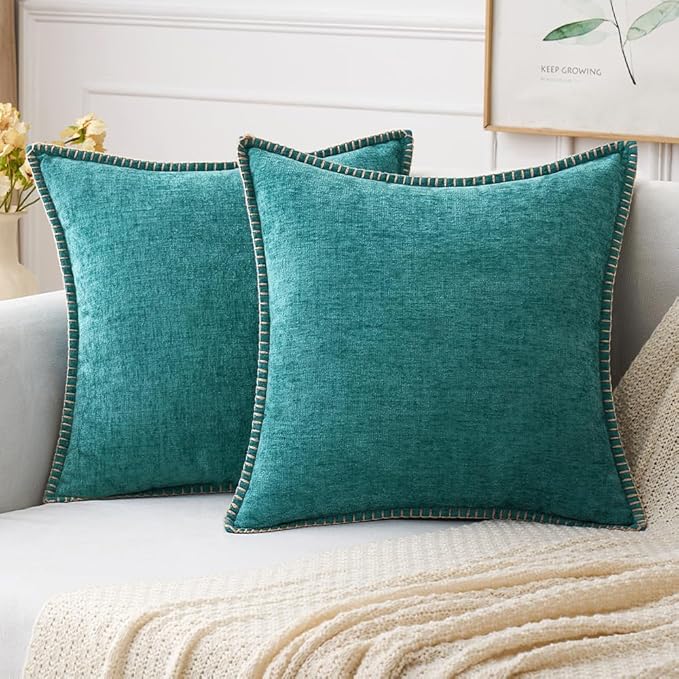 MIULEE Pack of 2 Couch Throw Pillow Covers 18x18 Inch Coastal Teal Farmhouse Decorative Pillow Covers with Stitched Edge Soft Chenille Solid Dyed Spring Pillow Covers for Sofa Bed Living Room