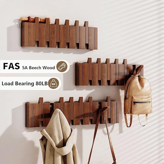 Wall Mounted Piano Key Hanger | Flip Style Hook | Entrance Wall Art Hook, Made of Oak Wood (3 Times Painted, 4 Times Polished) (LED Walnut, 12Hooks)