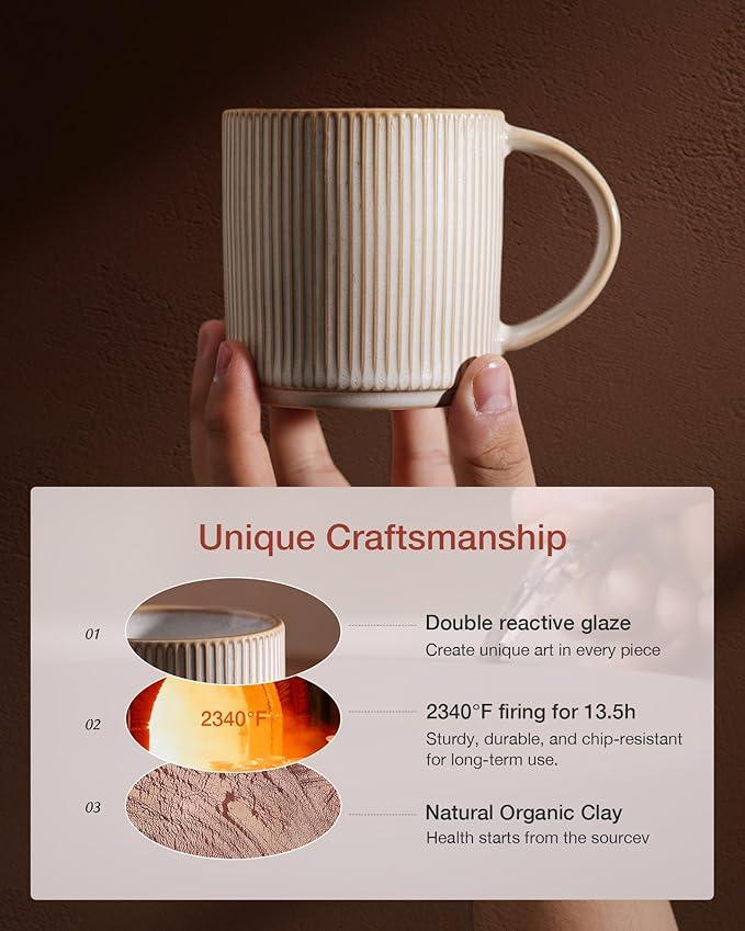 famiware Coffee Mug Set for 6, Star 12 oz Catering Mugs Cup Set with Handle for Coffee, Tea, Cocoa, Milk - Ceramic Stoneware Drinkware Set, Cappuccino White
