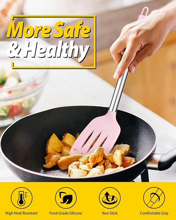 Pack of 2 Silicone Solid Turner, Non Stick Slotted Kitchen Spatulas, High Heat Resistant BPA Free Cooking Utensils, Ideal Cookware for Fish, Eggs, Pancakes(Pink)
