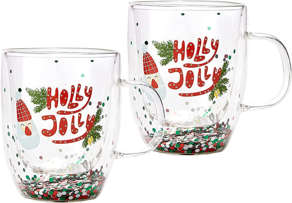 Set of 2 Holly Jolly Christmas Design Tumbler Mugs - Confetti Filled 9.5 oz Decorated Christmas Glass - Perfect for Wine, Eggnog, Cocoa, Holiday Parties & Festivities - 4.25