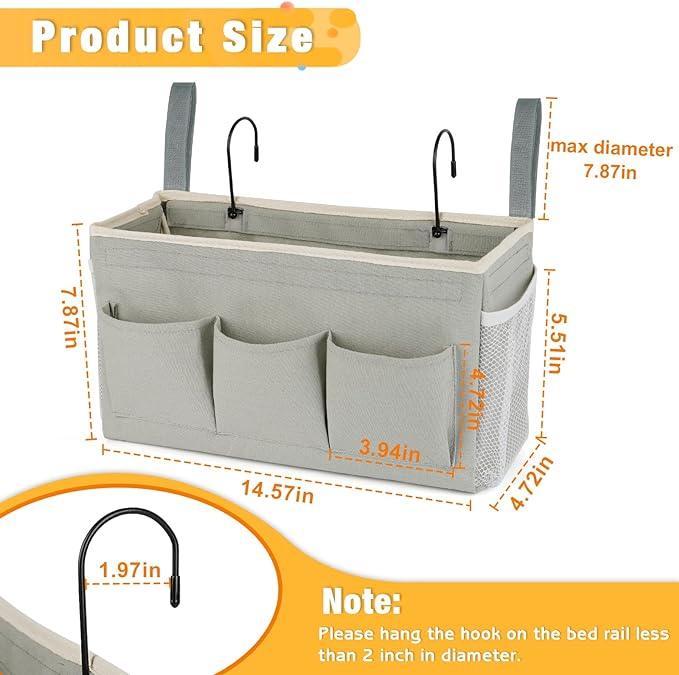 Bedside Caddy Organizer with Fixed Straps & Water Bottle Holder for Home, College Dorm, Bunk Bed, Hospital & Crib Bed Rails (2 pcs, Grey)