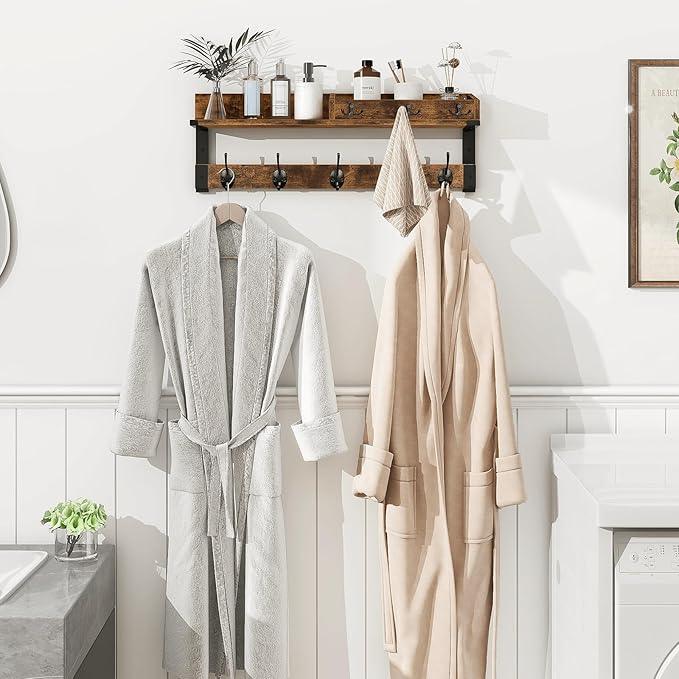 Homode Coat Rack with Shelf, Wall Shelf with Hooks, 26 Inch Long Coat Hanger Wall Mount with Key and Mail Holder, Wood Entryway Shelves for Hanging Hat Jacket Backpack Purse, Rustic Brown Black