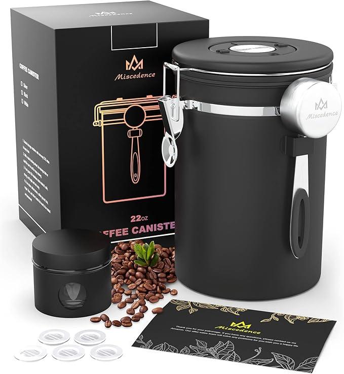 Coffee canister set for ground coffee with Date Tracker Travel Coffee jar,Stainless Steel Kitchen Food Airtight storage container for Coffee Beans or Grounds,Tea,Sugar (22oz-Black)