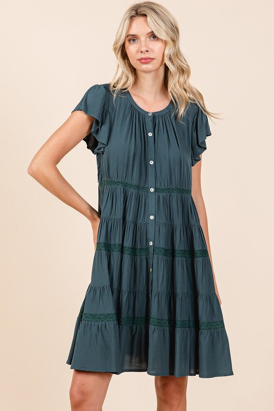 Lace Detail Ruffled Button Down Tiered Dress For Women – Romantic and Feminine Dress with Delicate Lace and Flowing Tiers