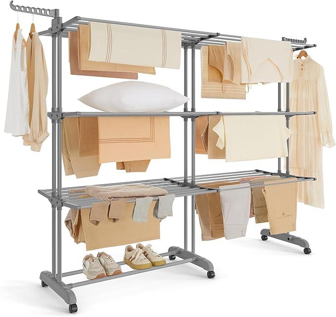 SONGMICS Clothes Drying Rack 4-Tier, Foldable Laundry Drying Rack 69.9-Inch Tall, Extendable Rods, Stainless Steel, Rolling Clothes Horses, Clothes Airer, Indoor Outdoor Use, Dove Gray ULLR704G01