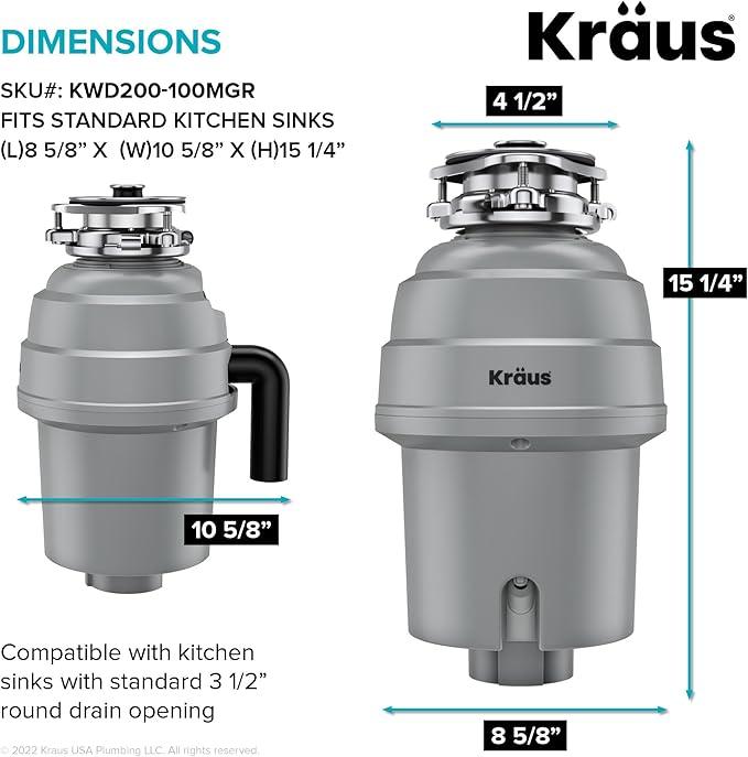 KRAUS WasteGuard High-Speed 1 HP Continuous Feed Ultra-Quiet Motor Garbage Disposal with Power Cord and Flange Included and Universal Mount, KWD200-100MGR