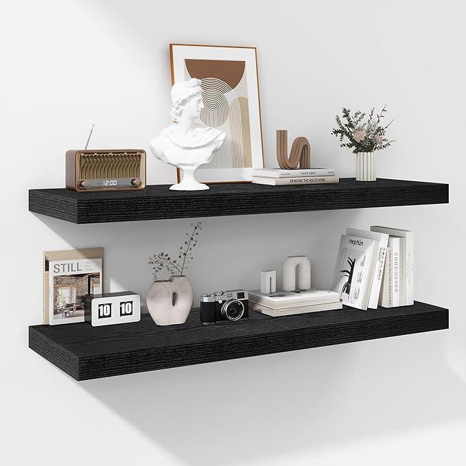 Fun Memories Floating Shelves - 2 Pack 12 Inch Rustic Wooden Wall Shelves - Extra Deeper & Thicker Wall Mounted Storage Shelf for Living Room, Kitchen, Farmhouse - 36
