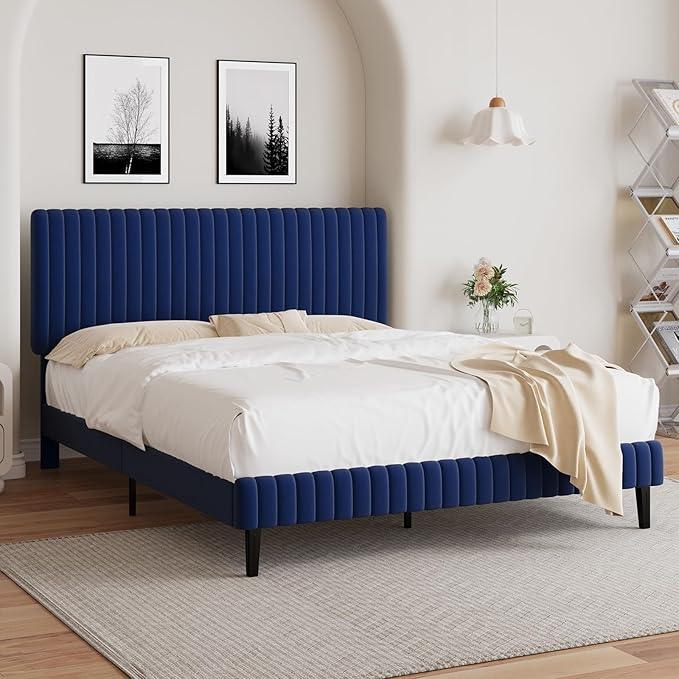 Queen Size Bed Frame with Headboard, Velvet Upholstered Platform Bed with Vertical Channel Tufted Design, No Box Spring Required, Easy Assembly, Blue