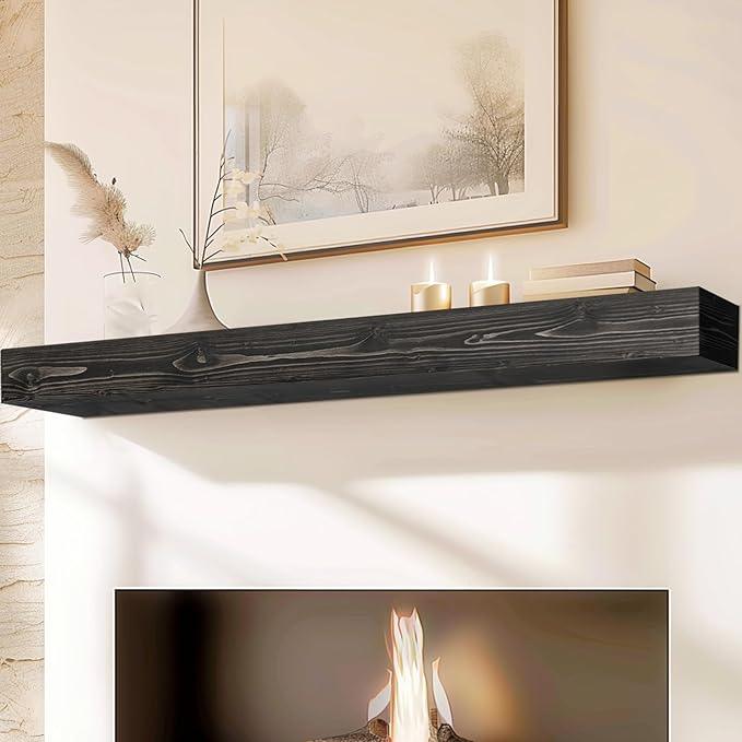 72x8x5 Fireplace Mantel - Handcrafted Hollow Rustic Solid Wood Wall Mounted Floating Shelf with Invisible Heavy Duty Wood Bracket (Weathered Black)