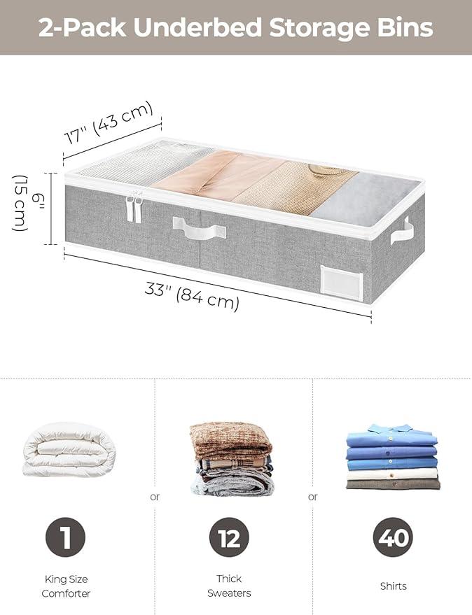 StorageWorks Large Under Bed Storage Containers with Handles and Label Holder, 2 Pack Ultra-thick Fabric Underbed Bins, Closet Organizer for Clothes, Blankets, Sweater