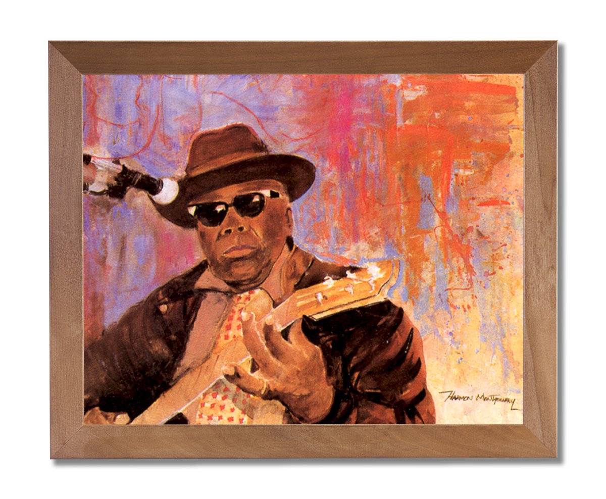 John Hooker Guitar Art – African American Music Wall Decor in Honey Wood Frame