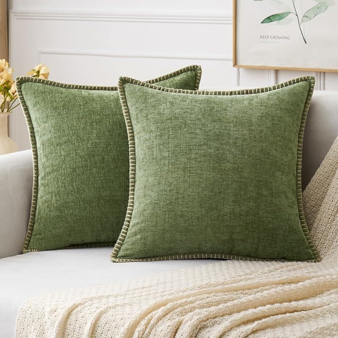 MIULEE Pack of 2 Couch Throw Pillow Covers 24x24 Inch Sage Green Farmhouse Decorative Pillow Covers with Stitched Edge Soft Chenille Solid Dyed Spring Pillow Covers for Sofa Bed Living Room