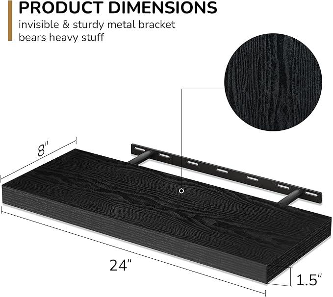 Fun Memories 24 Inch Floating Shelves - Deep Rustic Black Wooden Wall Shelves - Extra Deeper & Thicker Wall Mounted Storage Shelf for Bedroom, Kitchen, Farmhouse - 2 Pack, Rustic Black