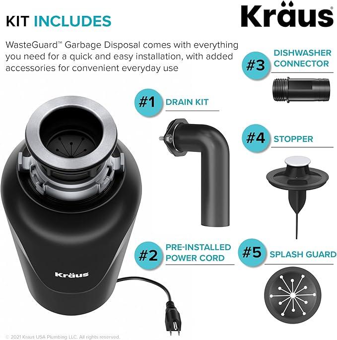 KRAUS WasteGuard 3/4 HP Ultra-Quiet Garbage Disposal with Quick Connect, Kitchen Sink Drain Cover, Power Cord and Flange Included, KWD100-75MBL