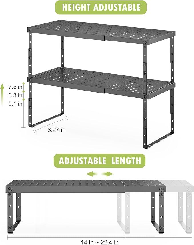 Expandable Cabinet Organizer Shelf With Adjustable Height, Stackable Kitchen Countertop Organizer Rack, Adjustable Shelf Riser For Kitchen Counter, Pantry, Cupboard, Desk, Tabletop