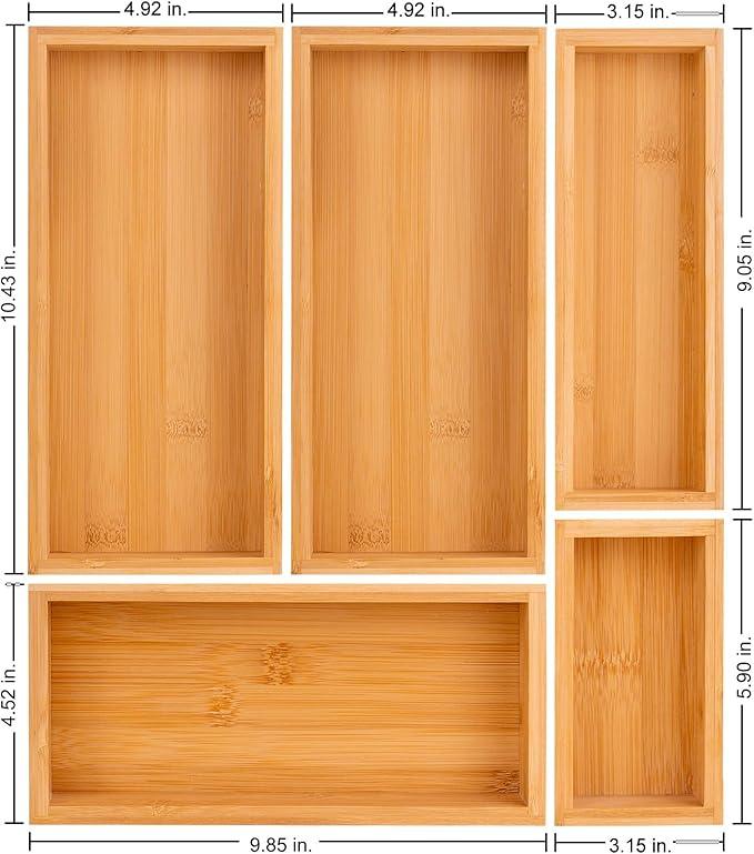 bamboo drawer organizer Set，expandable drawer dividers,wooden storage organizers,large trays for kitchen, bathroom,flatware,Tea Bag Organizer (1 X 5PCS Natural)