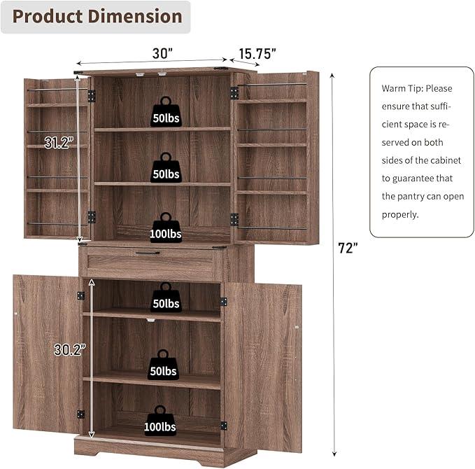 72'' Kitchen Storage Pantry Cabinet, Tall Storage Cabinet with 8 Door Shelves, 2 Cabinets and 1 Drawer, Freestanding Cupboard for Kitchen, Dining Room, Bathroom, Laundry, Living Room, Espresso