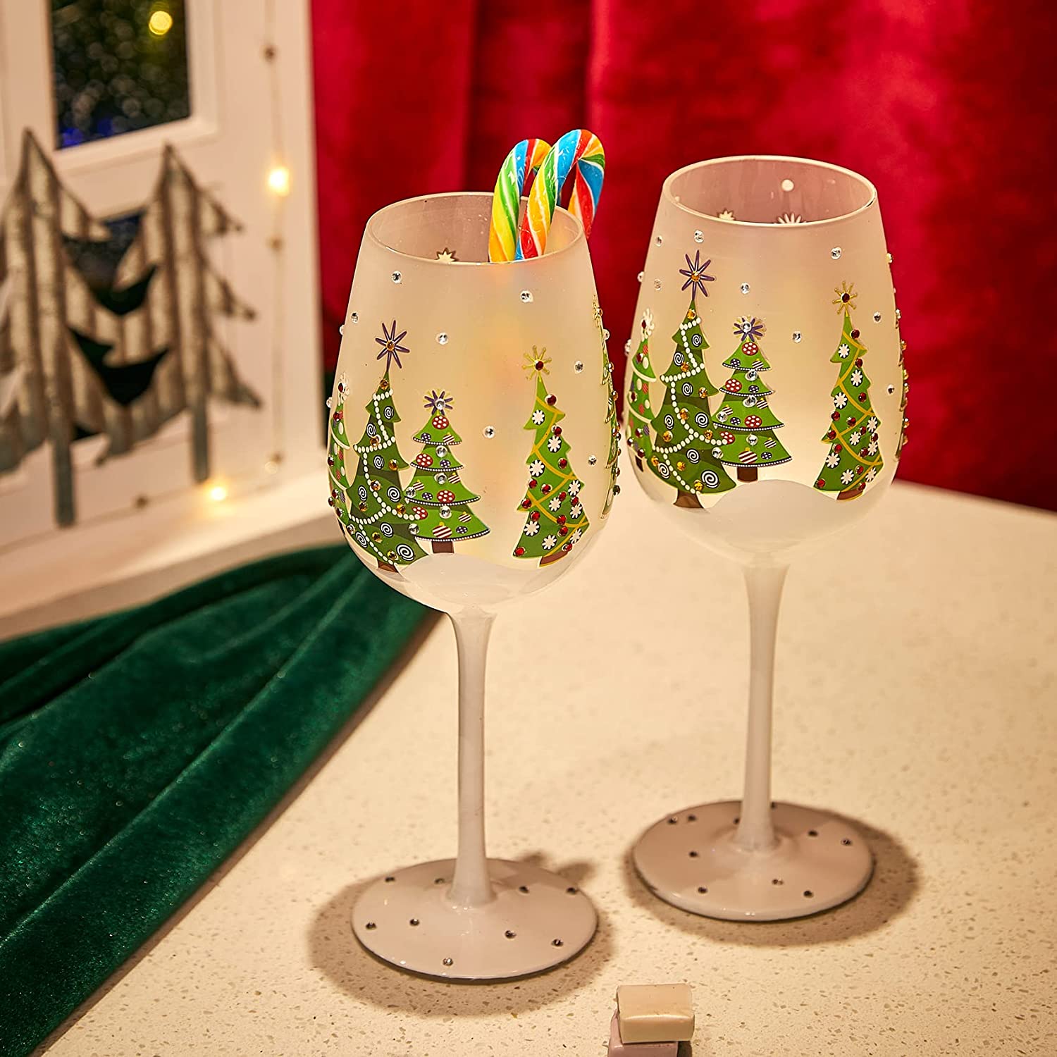 Set of 2 Stemmed Christmas Tree Design Wine Glasses - Hand Painted 14 oz Decorated Christmas Tree Glasses - Perfect for Wine, Champagne, Holiday Parties and Festivities - 8.75