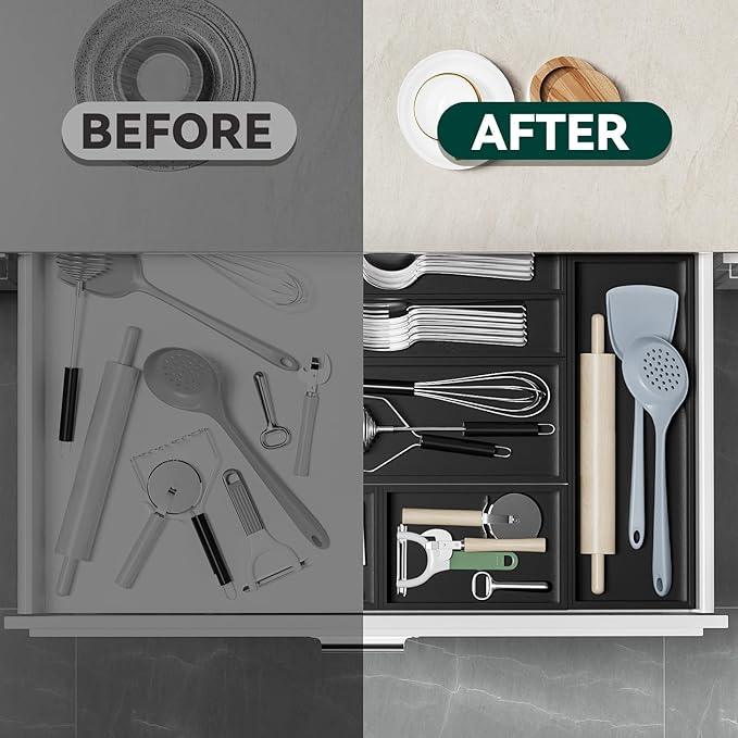 Bamboo Drawer Organizer, Cutlery Silverware Organizer for Kitchen Drawer, Stackable Utensil Organizer, 2 Pcs Flatware Organizer, Wooden Storage Box Tray (Black, 12 X 6 X 2 Inch)