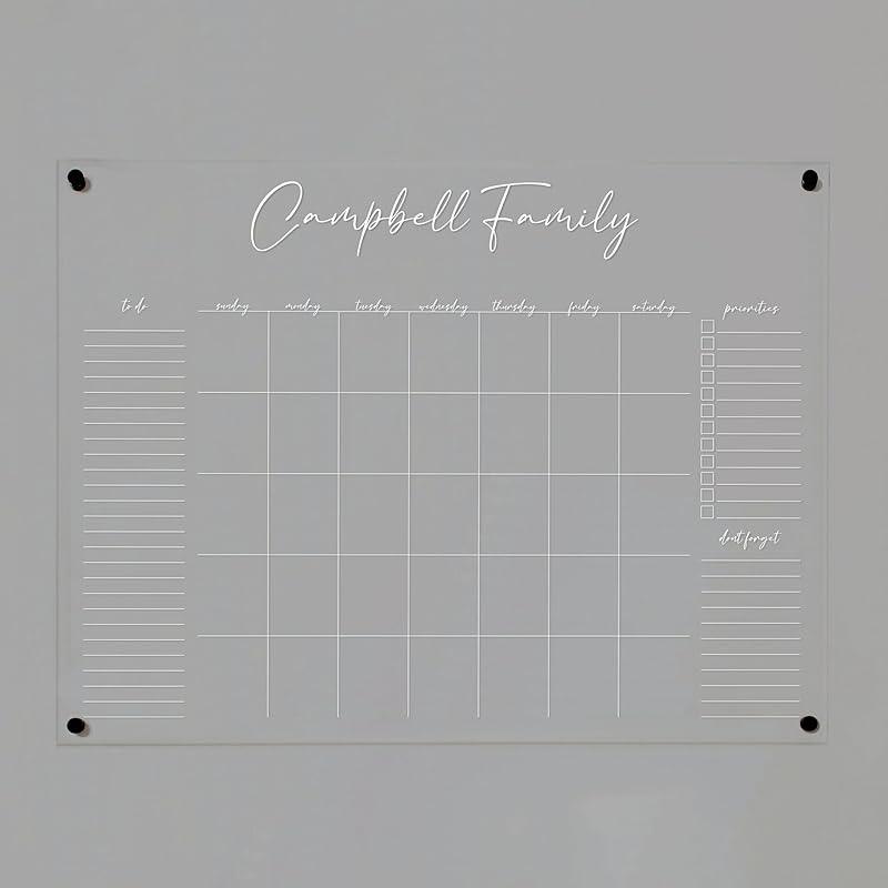 Personalized Clear Acrylic Calendar for Wall, Calendar Whiteboard for Wall, Dry Erase Wall Calendar, Wall Calendar Organizer System for Home (Cursive, White, 47.5